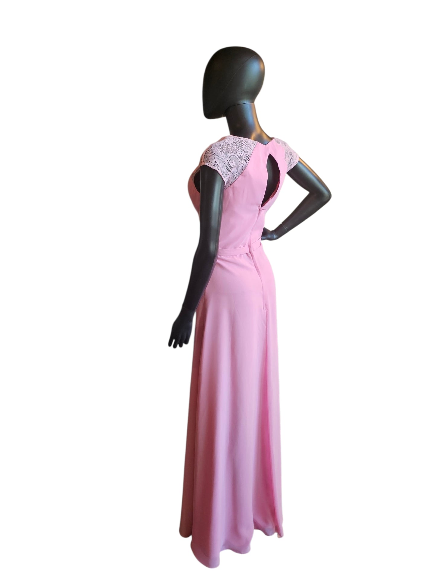 Pink Jewel Collar Belted Sheath Lace Cap Sleeve Maxi Formal Dress - Alexia
