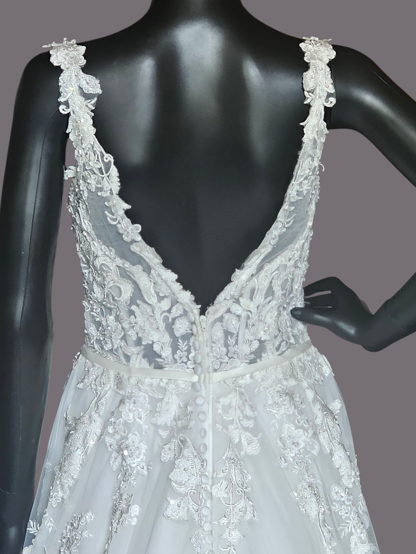 Ivory A-Line Wide Strap V-neck Plunge Wedding Gown - Mori Lee