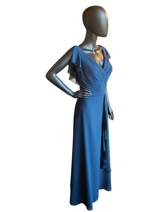 Navy Chiffon Flutter Sleeve Side Ruched Maxi Formal Dress - DaVinci