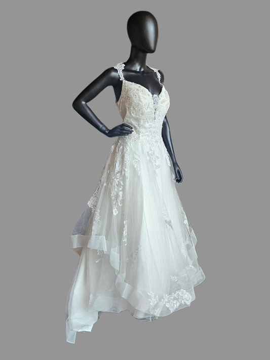 A-Line Floral Tiered Laced Sleeves Sweetheart Plunge Wedding Gown- Beloved