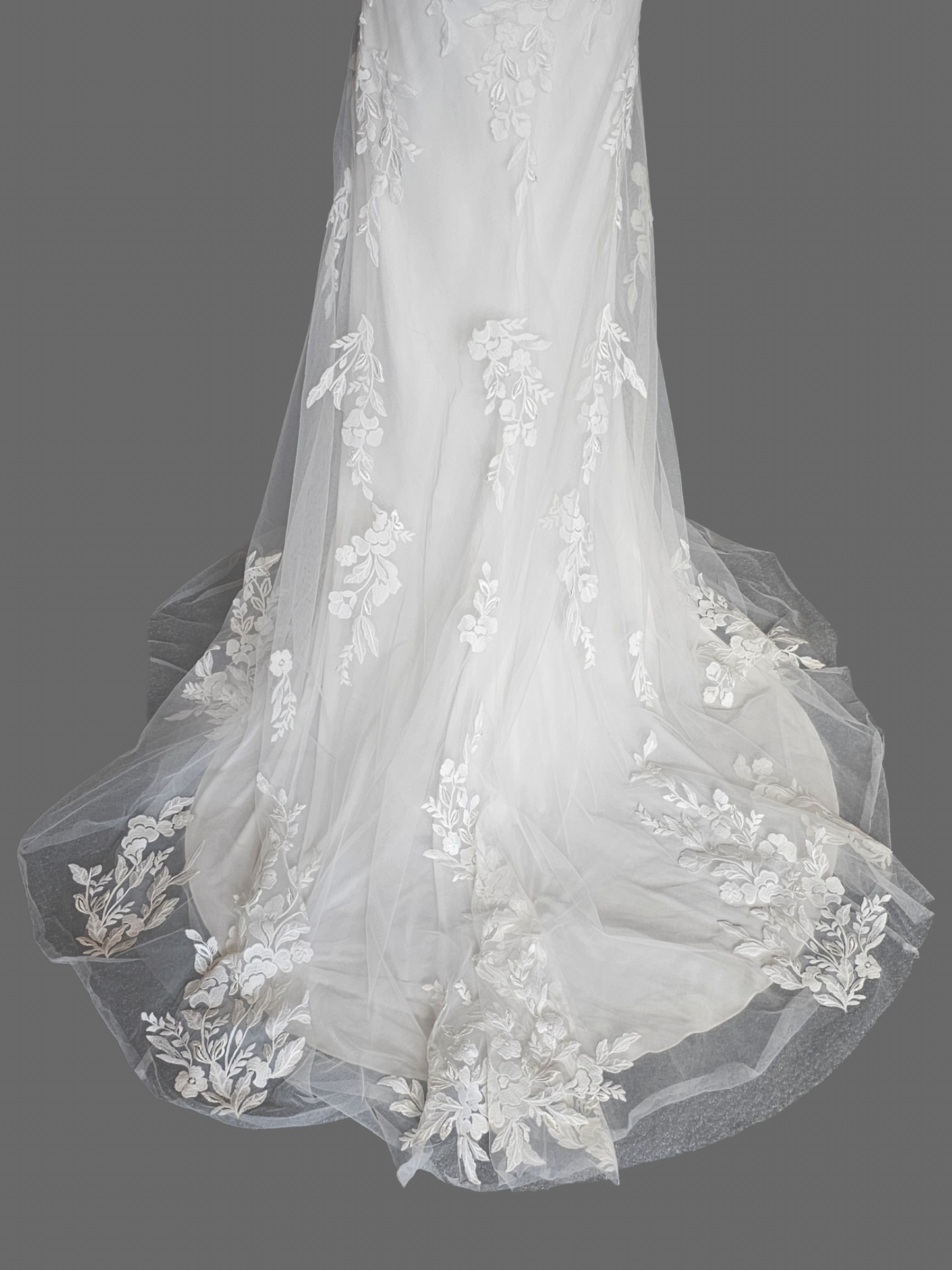 White Floral Lace Fit/Flare Corset Scoop Neck Plunge Detailed Train Wedding Gown - Rebecca Ingram