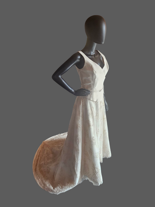 Antique Ivory 2-Piece V-Neck Lace Skirt Wedding Gown - Essence