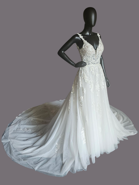 Ivory A-Line Wide Strap V-neck Plunge Wedding Gown - Mori Lee