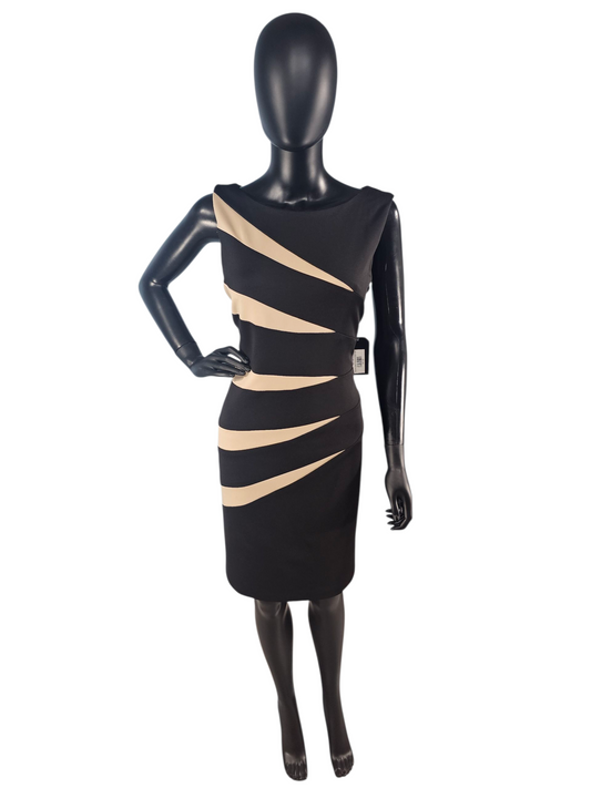 Black/Camel Asymmetrical Sheath Stretch Neoprene Dress - R&M Richards