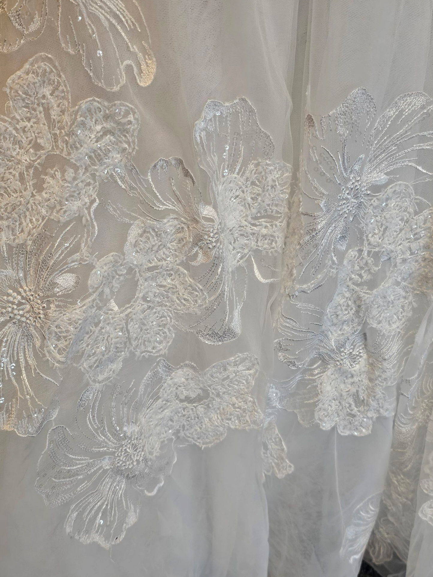 Ivory V-Neck Full Skirt Large Scale Floral Embellished Wedding Gown - Adrianna Papell