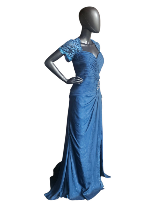 Navy Moms Dress Lace Cap Sleeve Lace Train Beaded Applica Sweetheart Neck - Feriani Couture