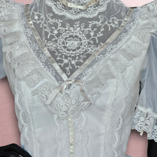 Vintage Victorian Lace High Collar Short Sleeve Wedding Gown