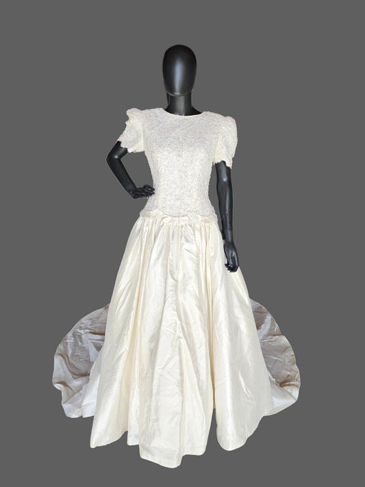 Vintage Ivory Silk Cap Sleeve Drop Waist Wedding Gown - Marisa