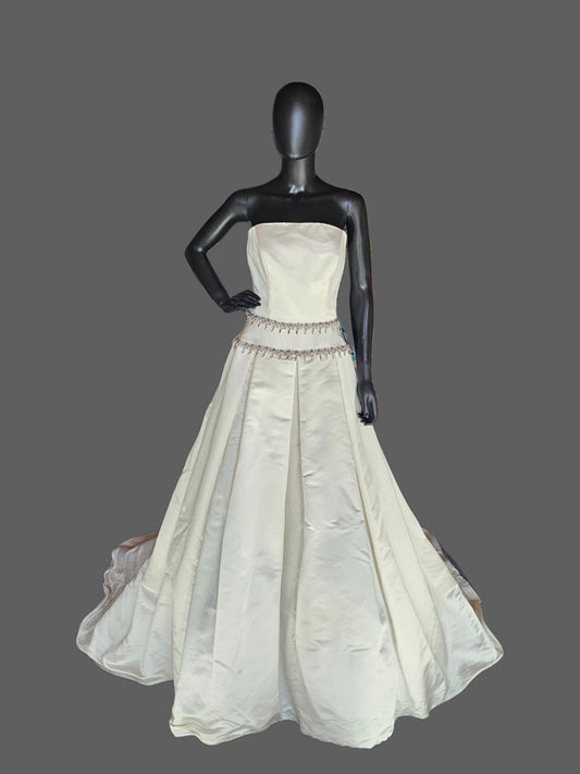 Vintage Y2K Strapless Satin Drop Waist Rhinestone Detail Wedding Gown - Lazaro
