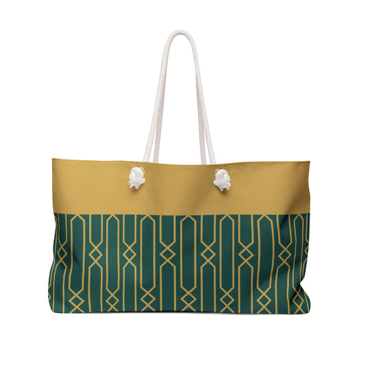 Green/Gold Art Deco Stylish Weekender Bag - Canvas Travel Tote, Perfect for Beach Trips, Gym, Weekend Getaways, and Vacation