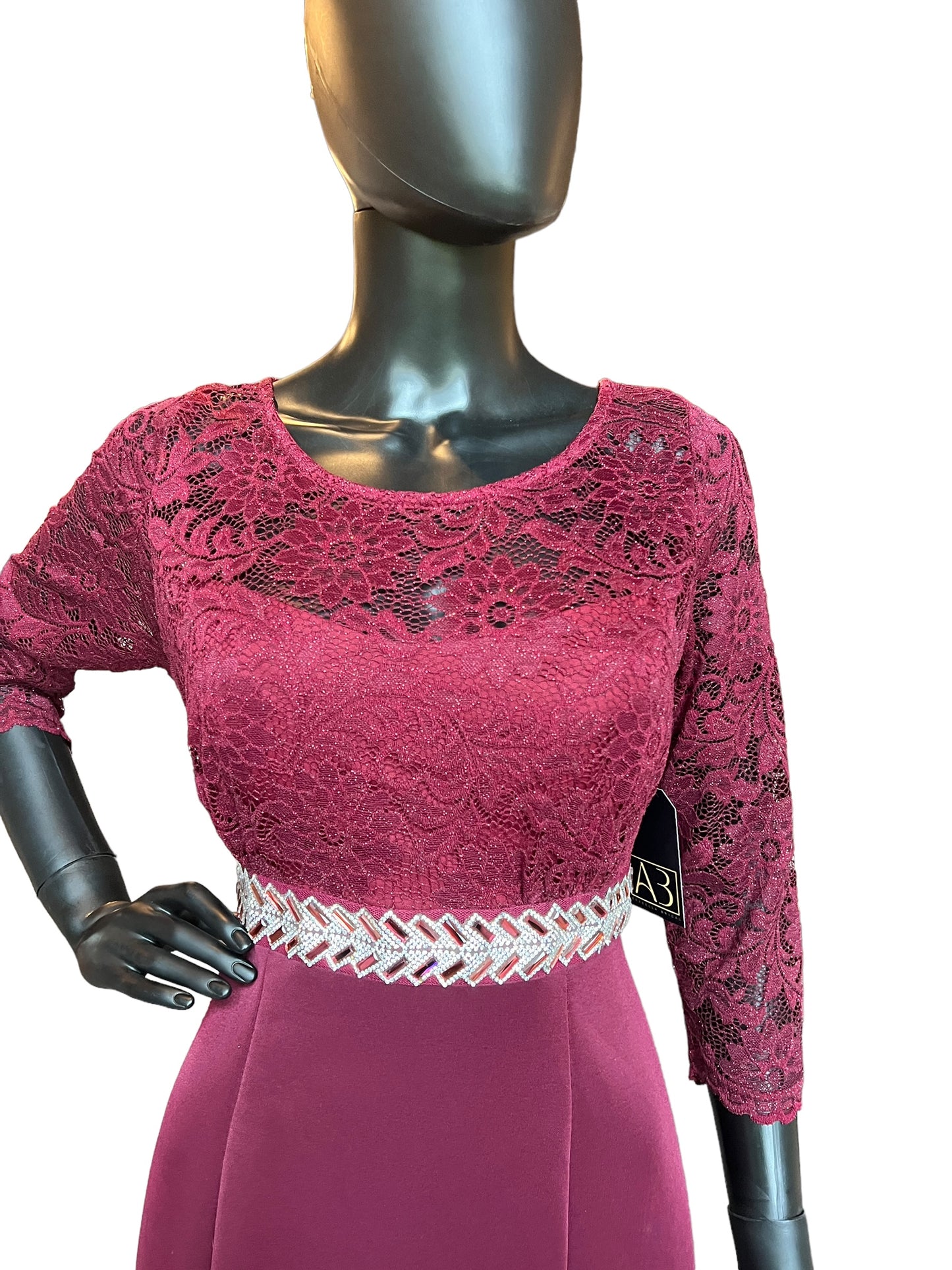 Red Fit & Flare Lace Illusion Jewel Sash Formal Dress