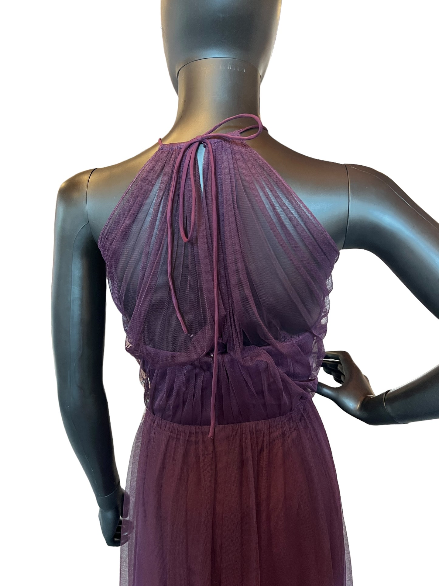 Plum Net Tie Neck Illusion Halter Maxi Formal Dress - W-Too