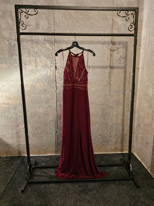 Wine Jersey Lace Halter Formal Dress