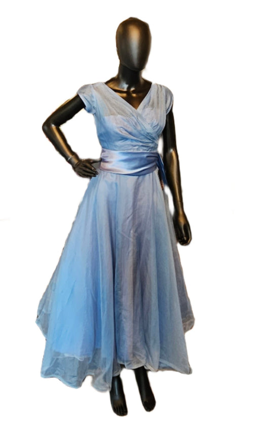 Vintage 50s Blue Organza Party Dress / Evening Gown