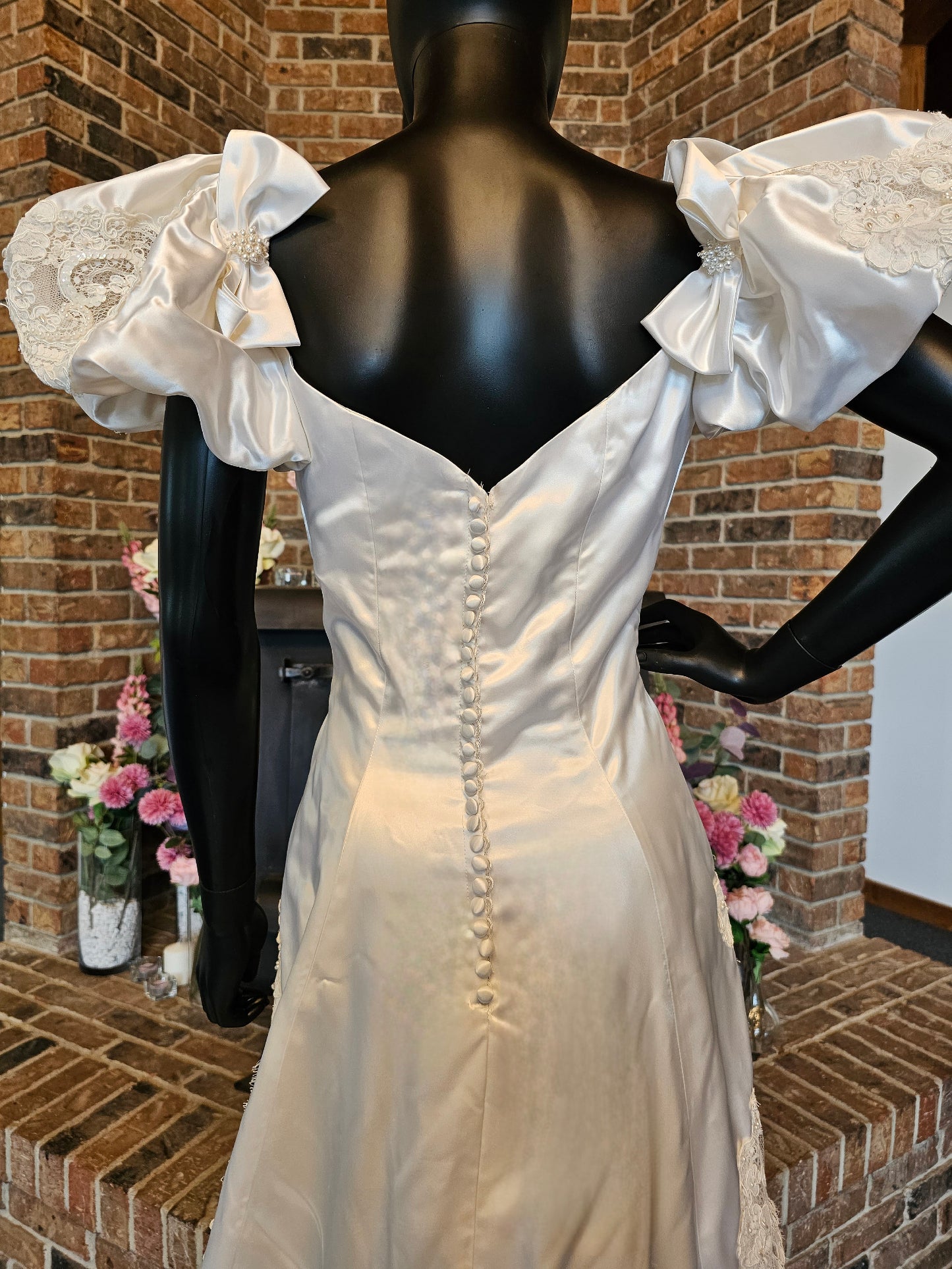White Satin Bow Wedding Gown - Vintage