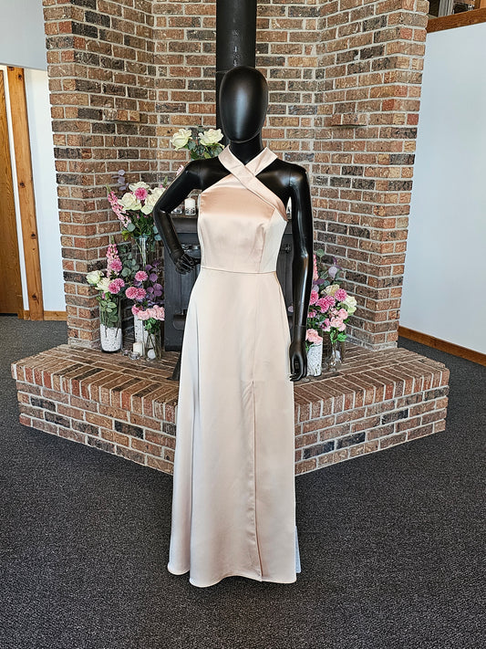 Dessy Champagne Lux Charmeuse Full Length Formal Gown