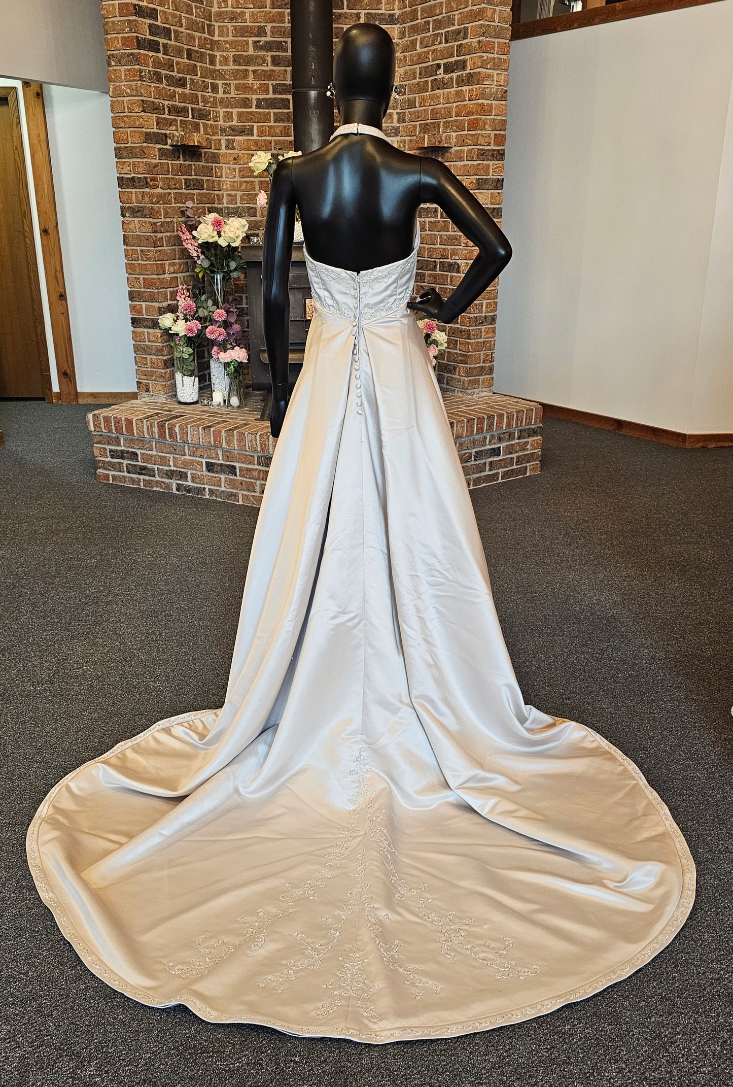 Oyster Satin Empire Halter Wedding Gown