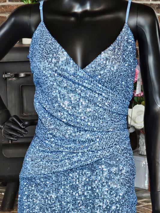 Windsor Sky Blue Sequin High Slit Prom/Party Dress