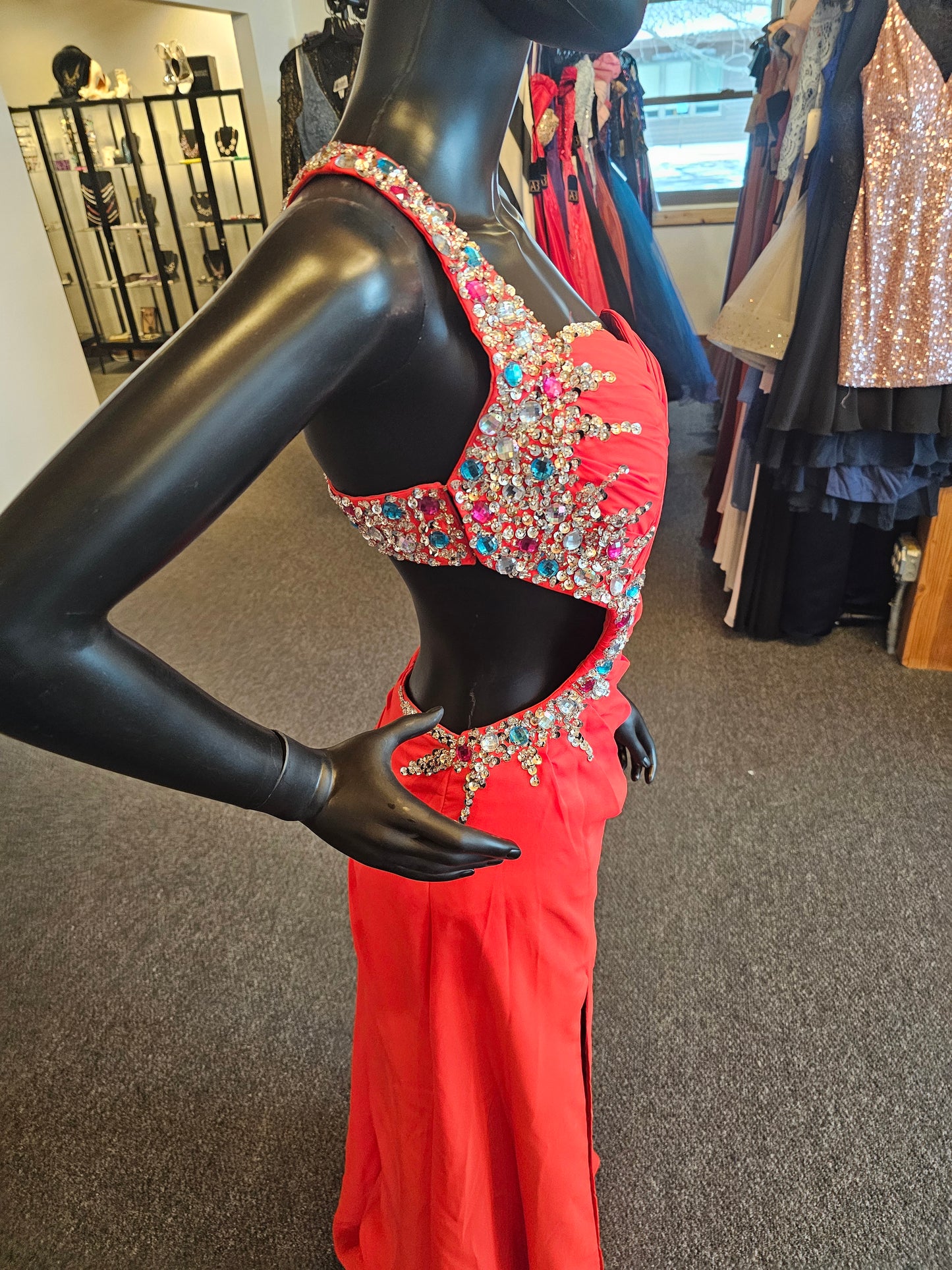 Red Chiffon One Shoulder Side Keyhole Crystal Accent Prom Dress