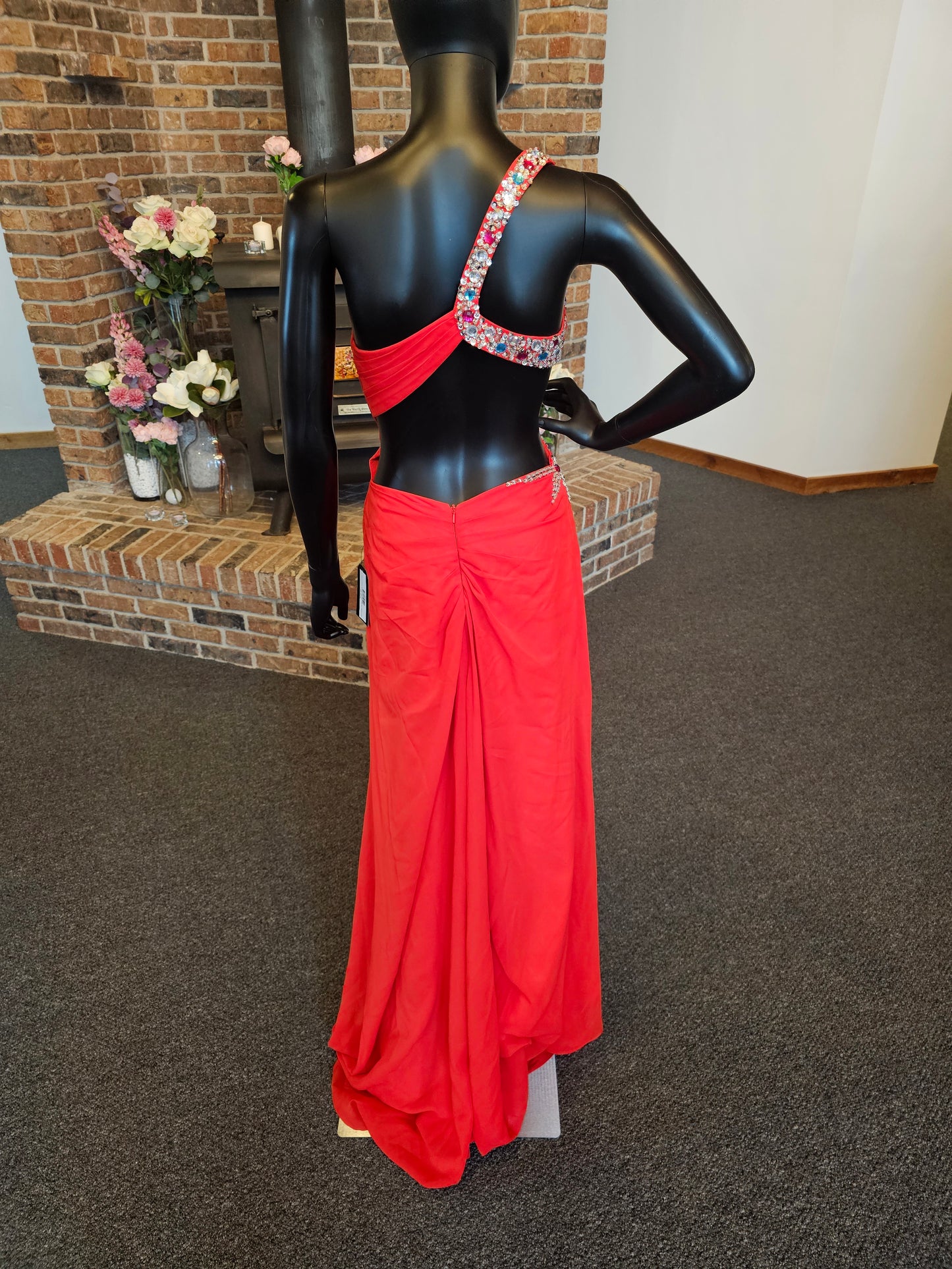 Red Chiffon One Shoulder Side Keyhole Crystal Accent Prom Dress
