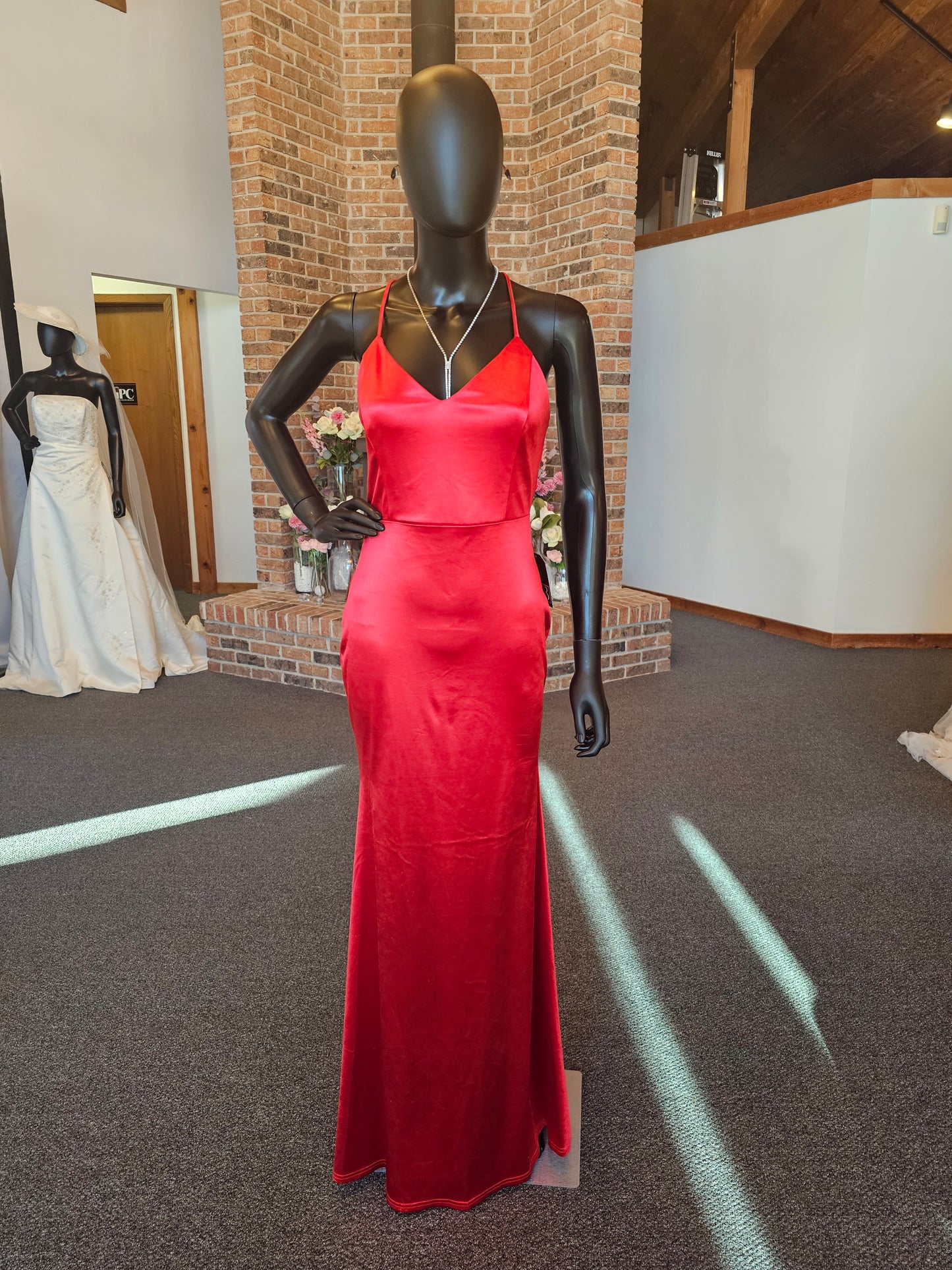 Red Satin Jersey Criss-Cross Back Dress