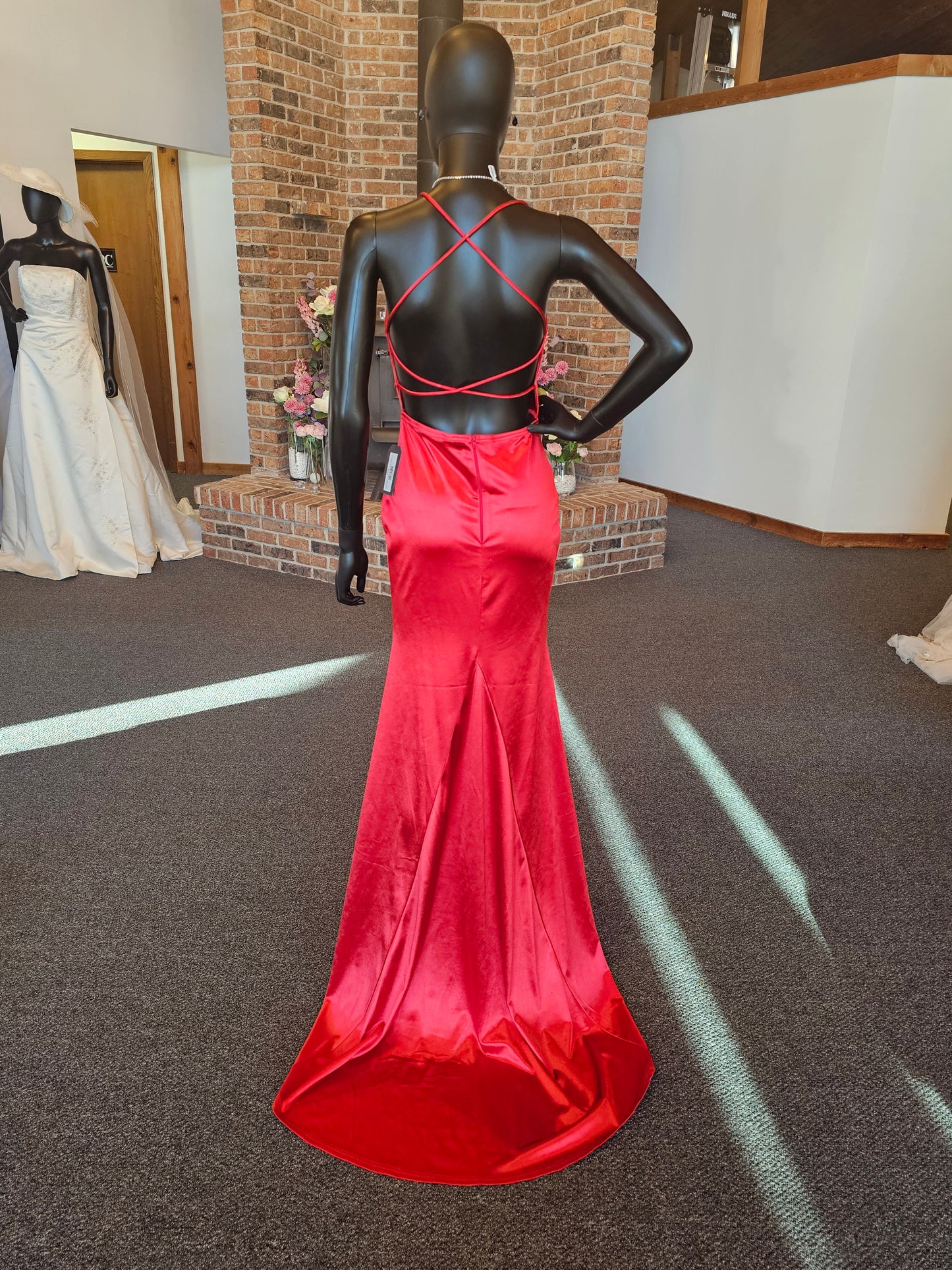 Red Satin Jersey Criss-Cross Back Dress