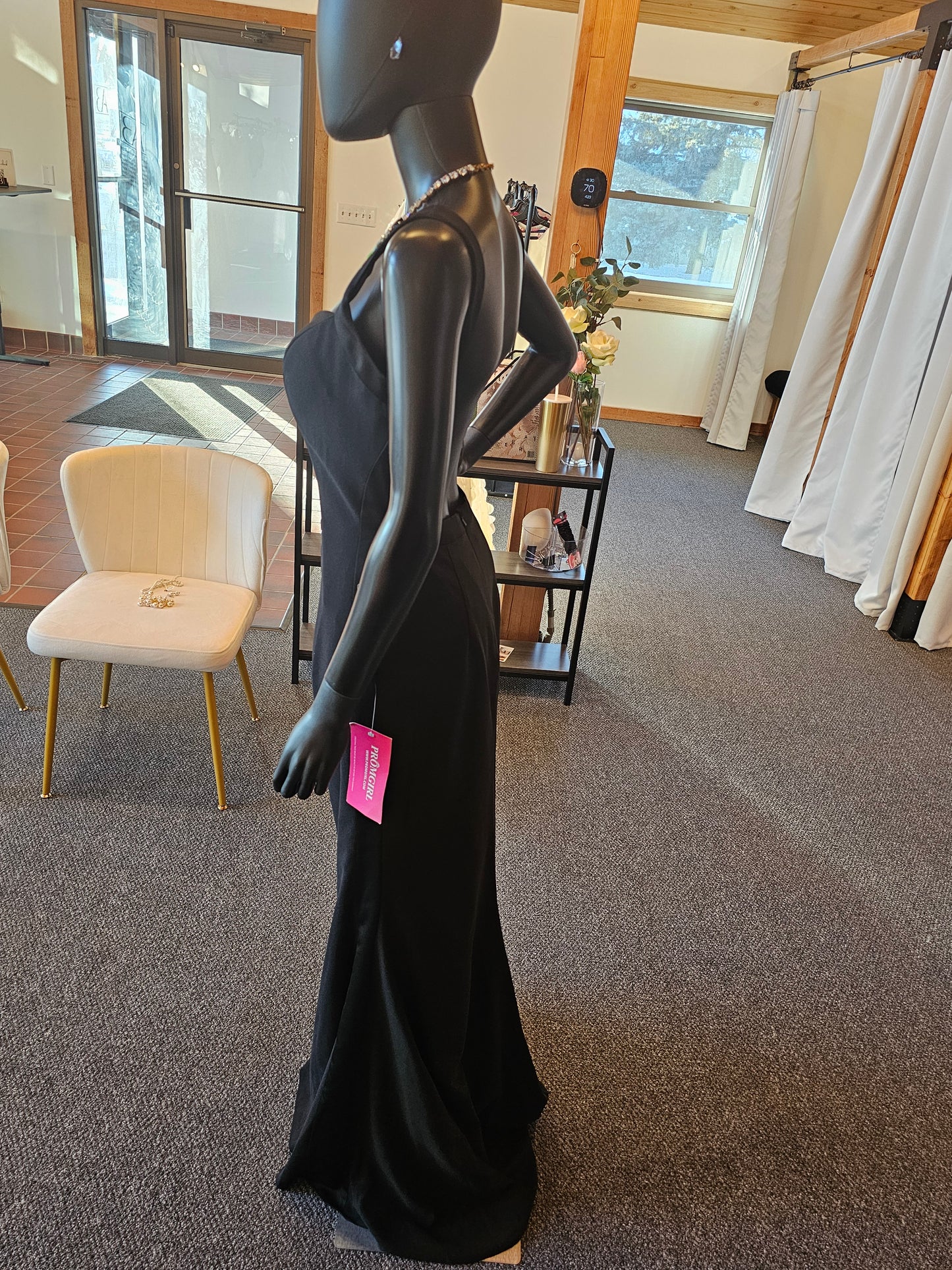 Black Tux Stripe Mori Lee Open Back Full Length Formal Gown