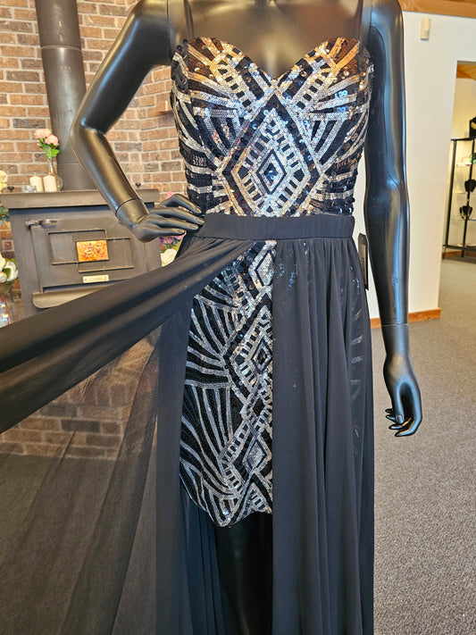 Black/Silver Sequin High-Low Formal Gown