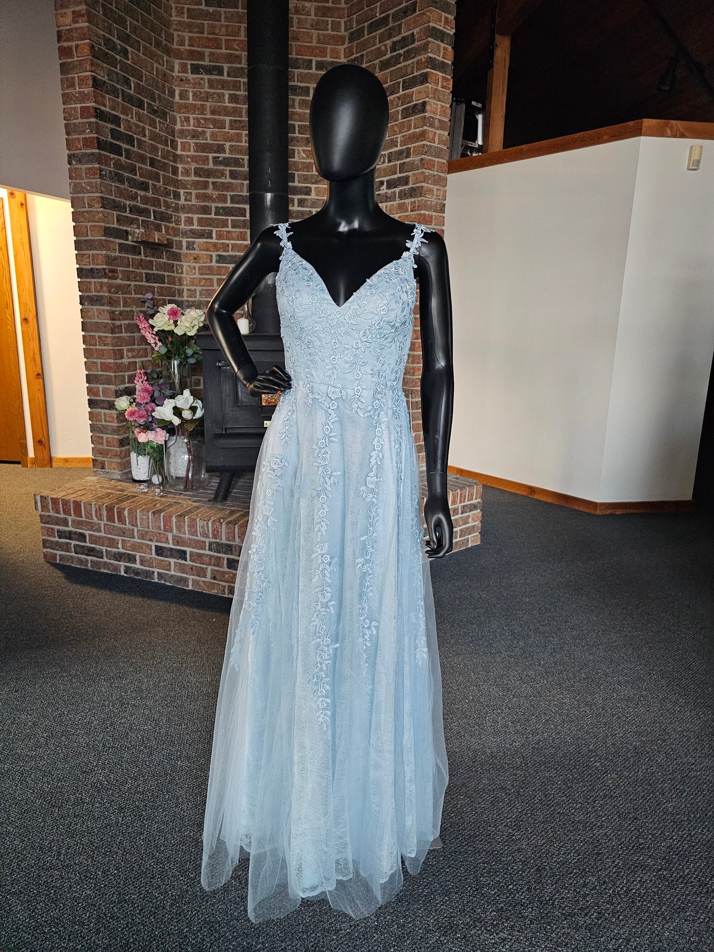 Ice Blue Floral Lace A-Line Maxi Formal Dress