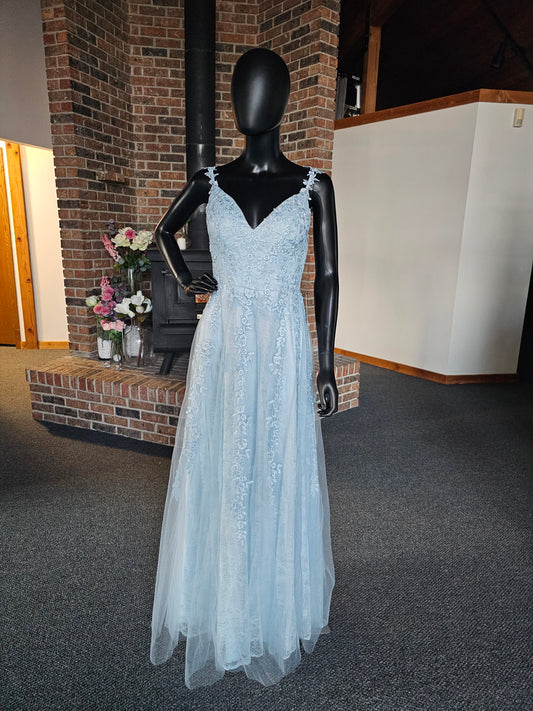 Ice Blue Floral Lace A-Line Maxi Formal Dress