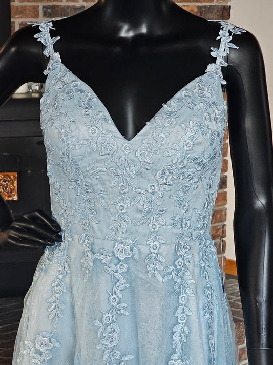 Ice Blue Floral Lace A-Line Maxi Formal Dress