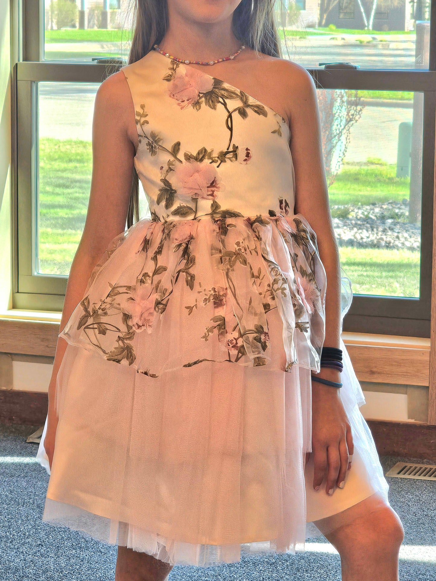 Pink Floral One Shoulder Childs Dress