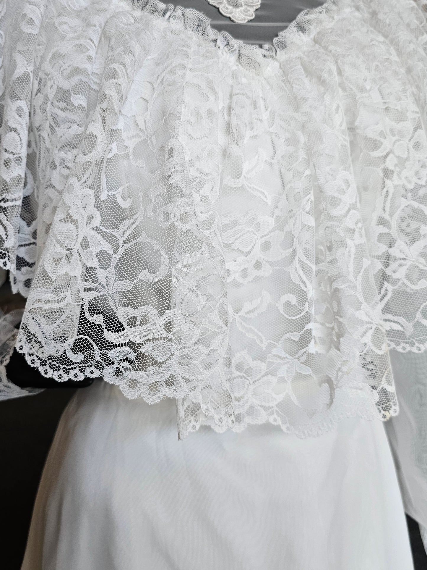 Vintage 70s Lace Bandeau Chiffon High-Collar Wedding Gown