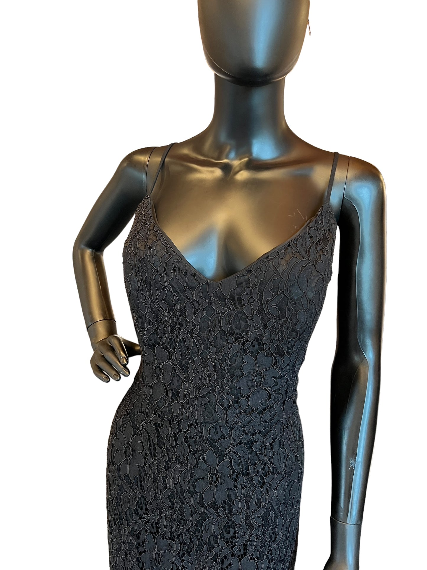 Hayley Paige Corded Black Lace Maxi Formal Dress