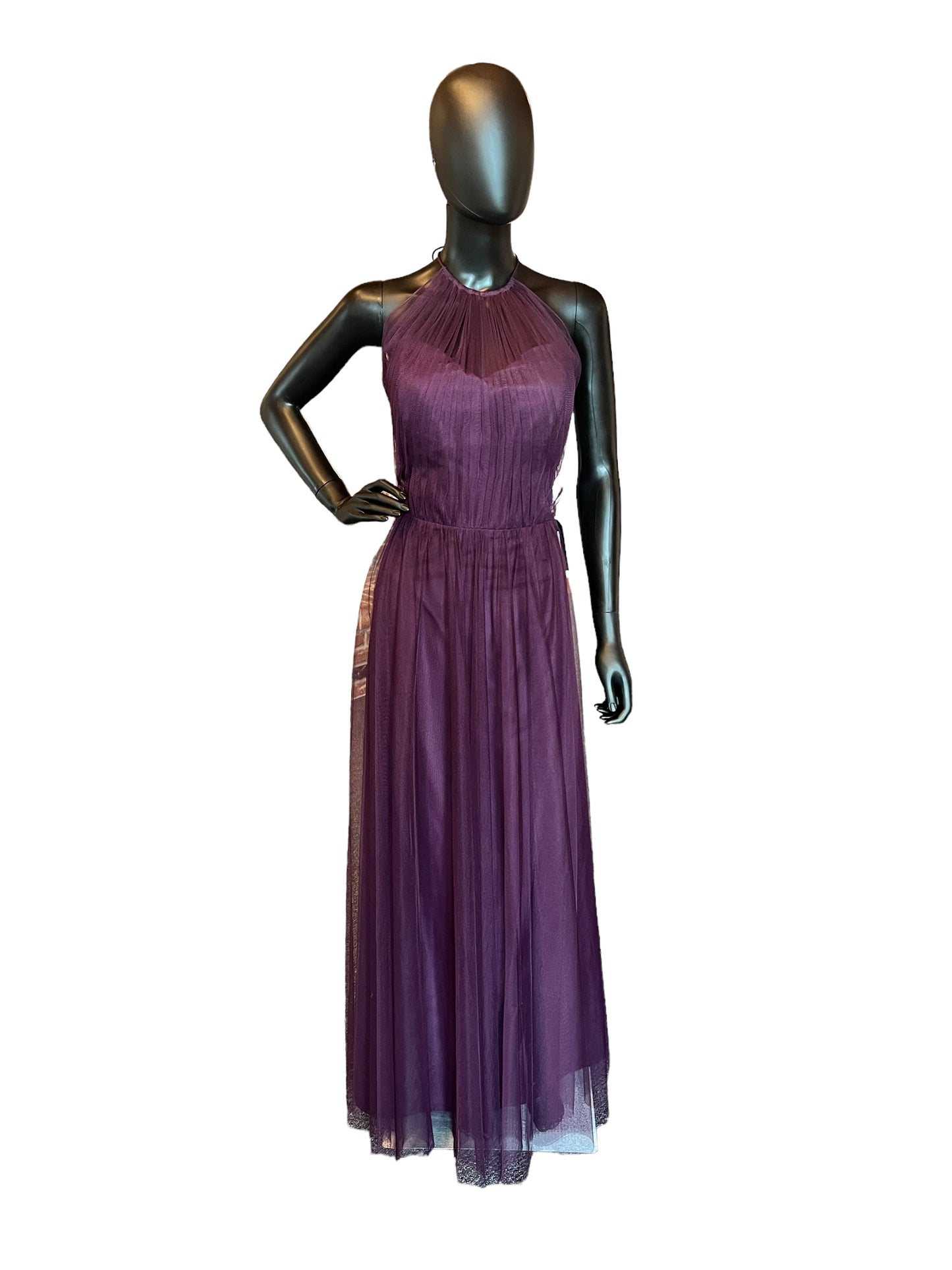 Plum Net Tie Neck Illusion Halter Maxi Formal Dress - W-Too