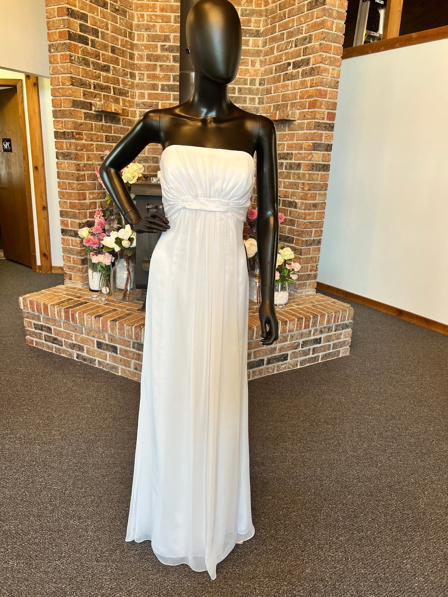 White Belsoie Strapless Chiffon Formal Gown