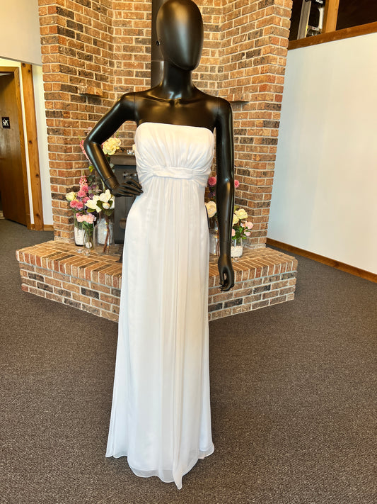 White Belsoie Strapless Chiffon Formal Gown