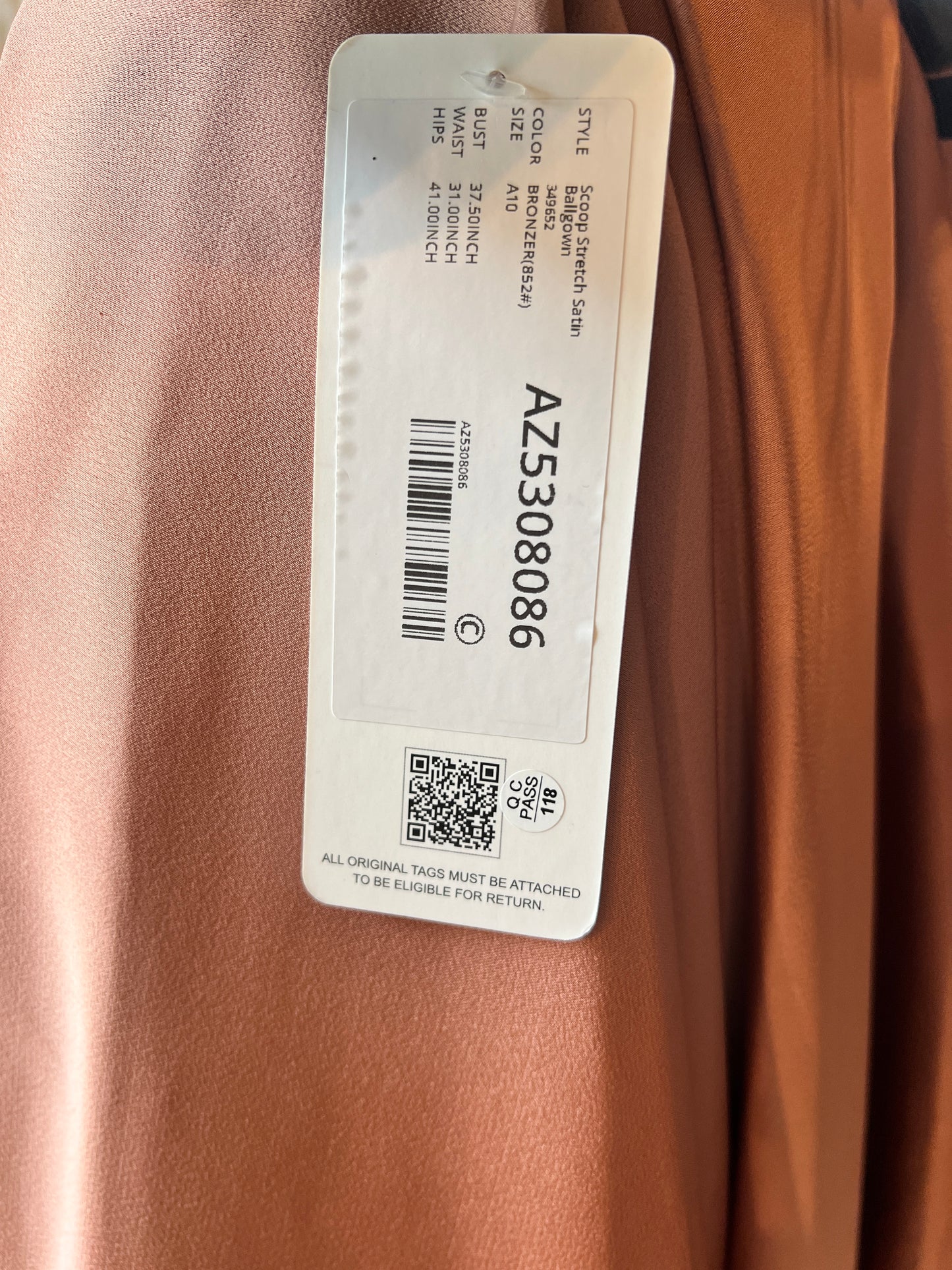 Azazi Rust Satin Scoop Neck Full Skirt Formal Gown