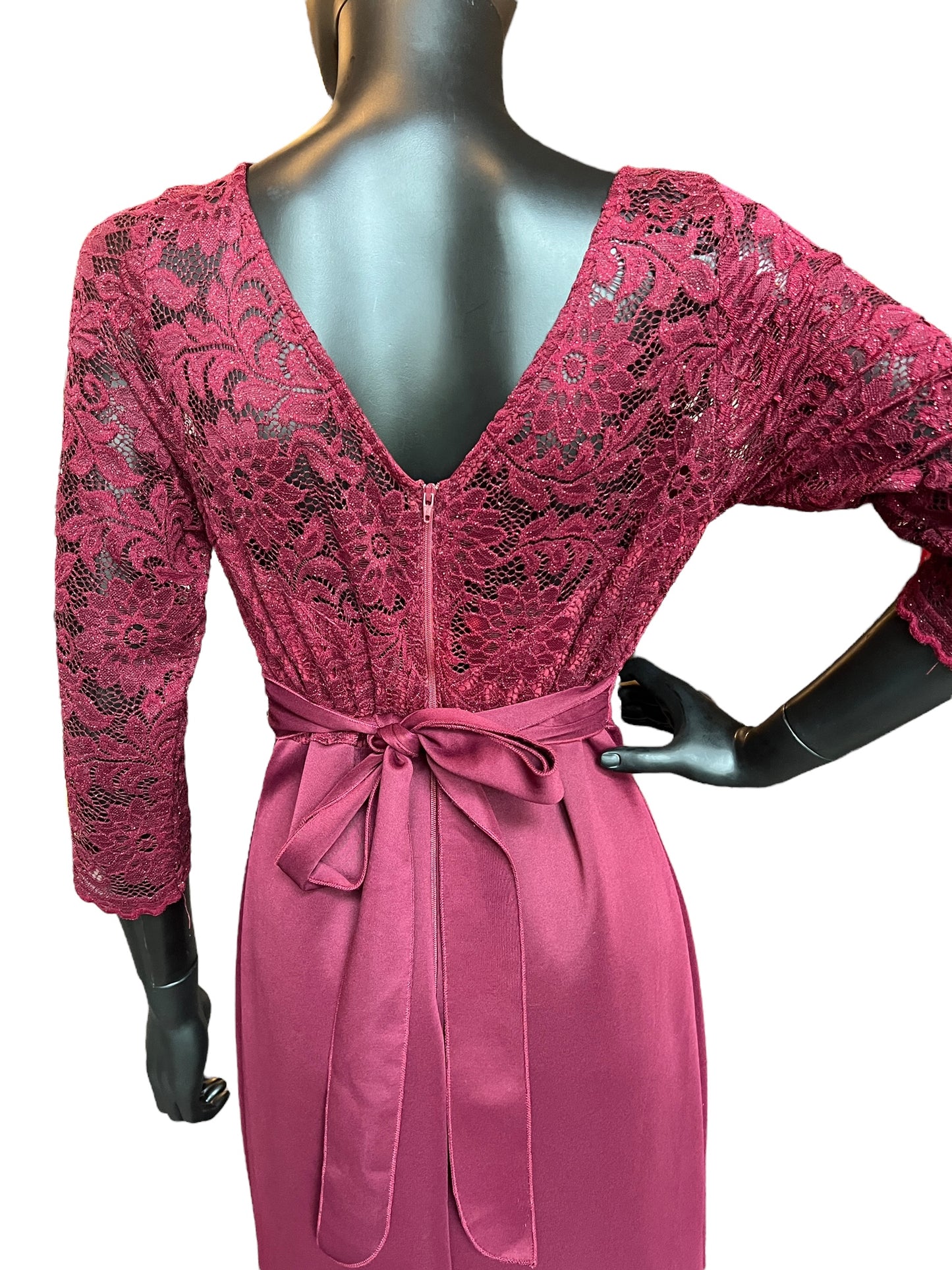 Red Fit & Flare Lace Illusion Jewel Sash Formal Dress