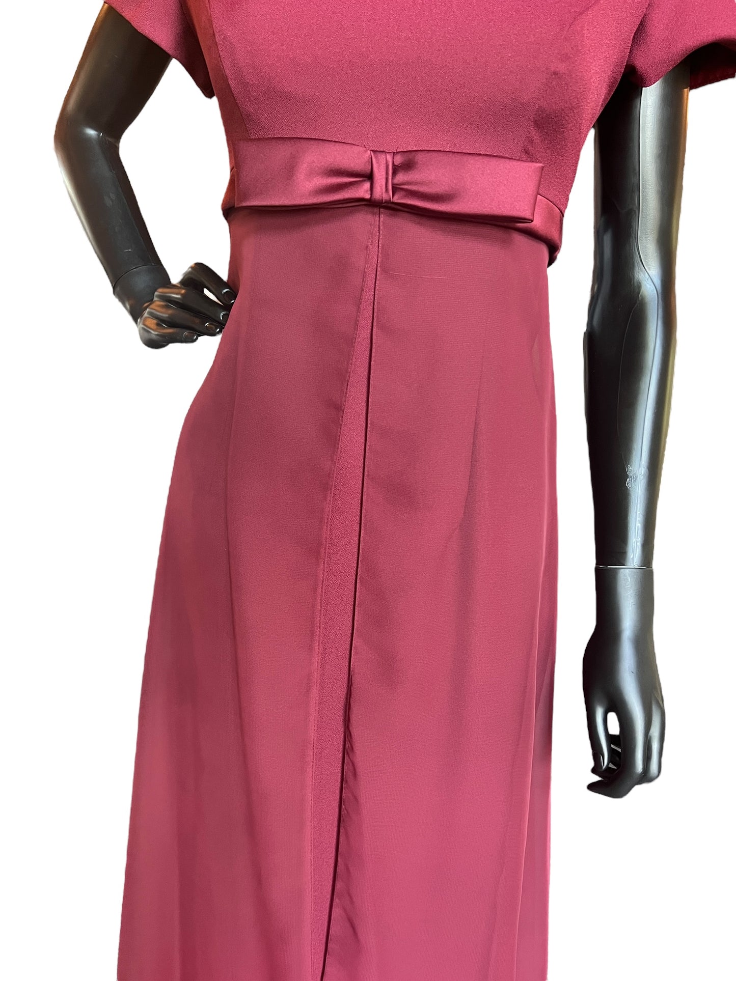 Burgundy Cap Sleeve Bow Front Full Length Formal Gown