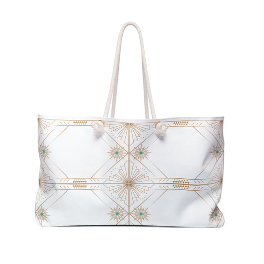 White/Gold Art Deco Chic Weekender Bag for Travel, Boho Tote for Beach Days, Stylish Carry-on for Weekend Getaways, Perfect Gift for Adventurers, [...]