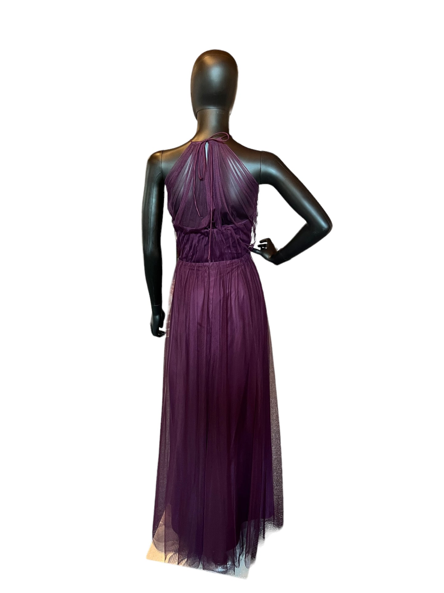 Plum Net Tie Neck Illusion Halter Maxi Formal Dress - W-Too