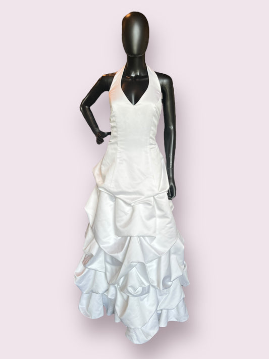 White Halter A-Line Bustled Skirt Wedding Gown