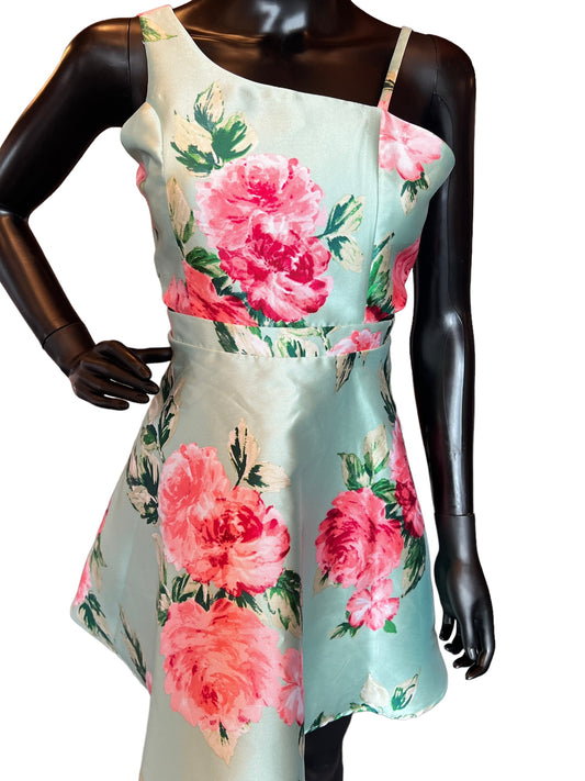 Teal Short One Shoulder Floral Print Dress (New)