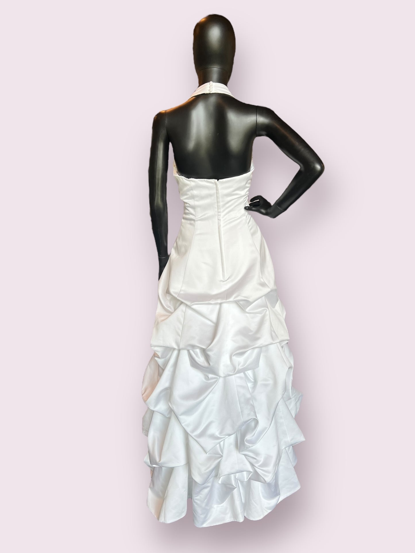 White Halter A-Line Bustled Skirt Wedding Gown