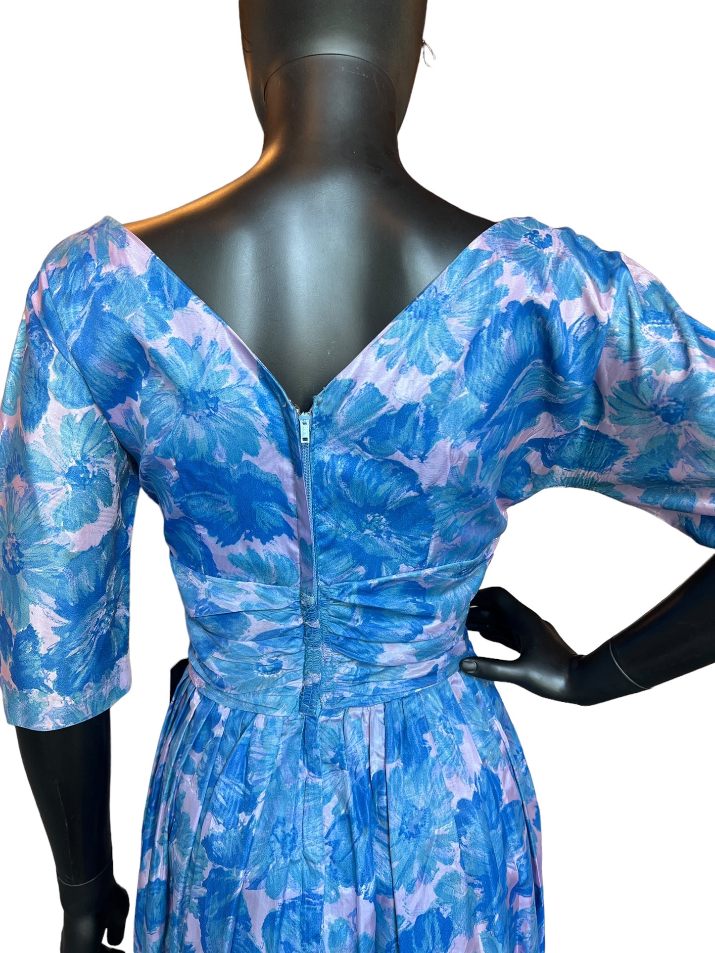 Vintage 60s Blue/Rose Floral Cocktail Dress