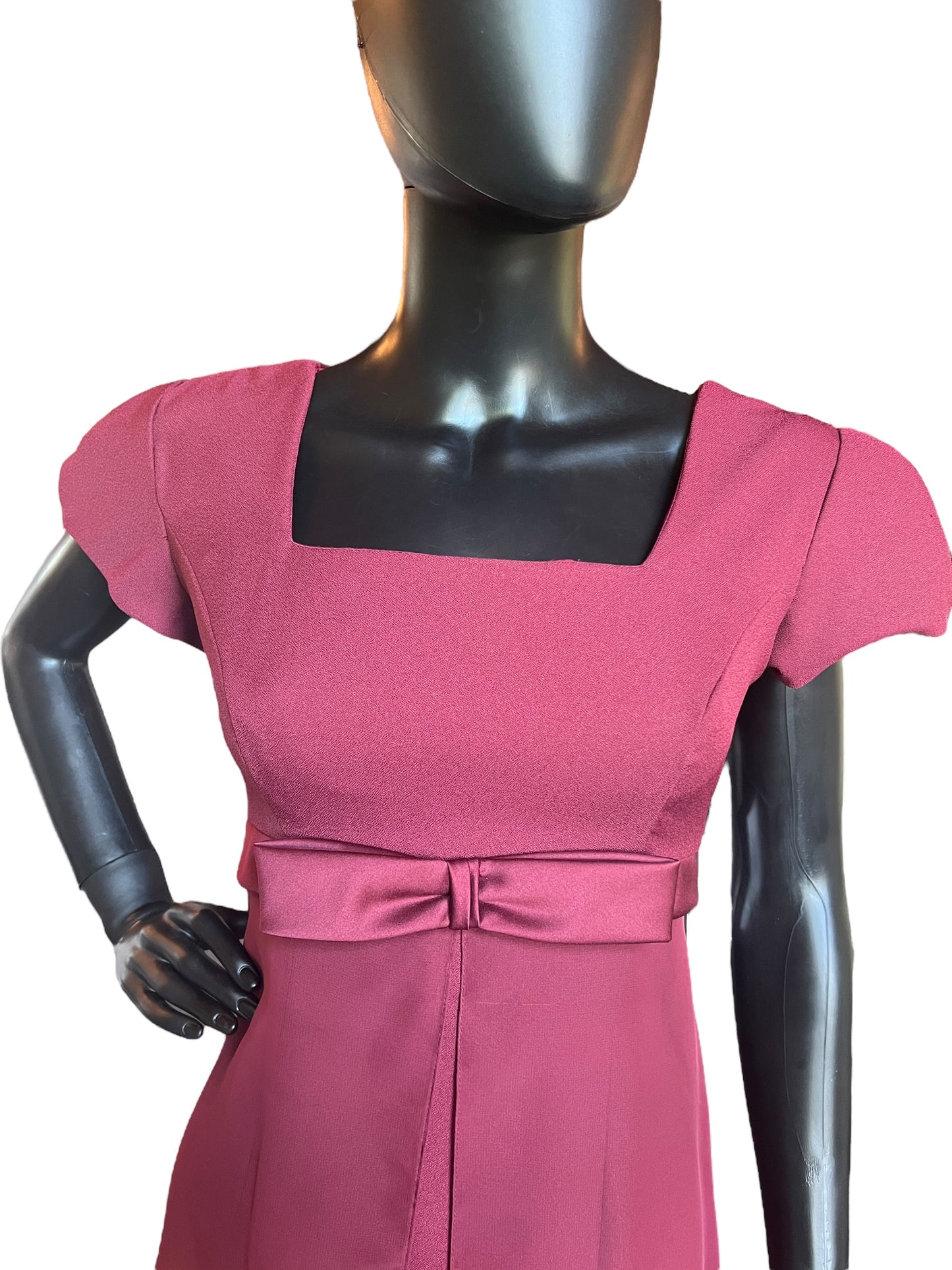 Burgundy Cap Sleeve Bow Front Full Length Formal Gown