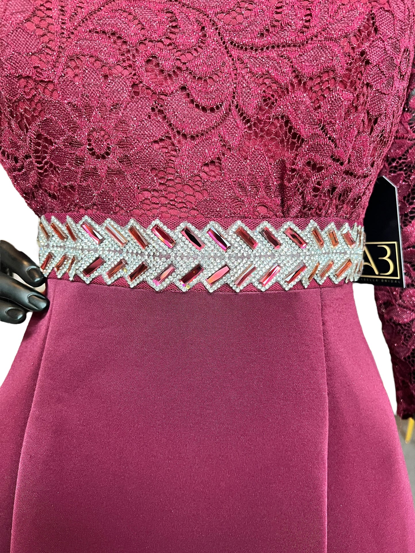 Red Fit & Flare Lace Illusion Jewel Sash Formal Dress