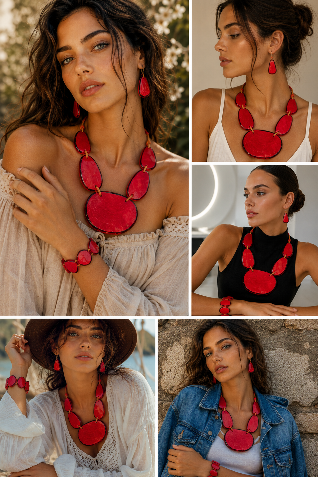 Vintage Large Red Abstract Polished Resin Necklace/Earrings/Bracelet Set