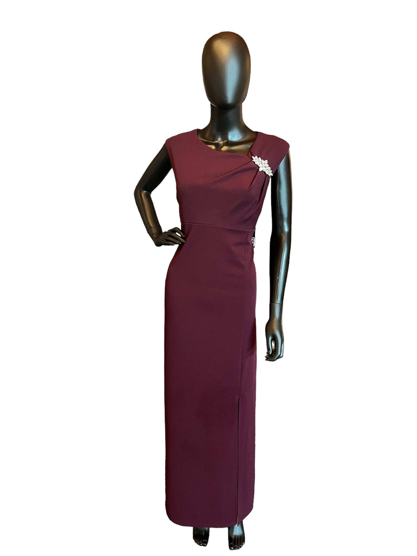 Plum Long Formal Sheath Gown W/Diamond Brooch and Cap Sleeve